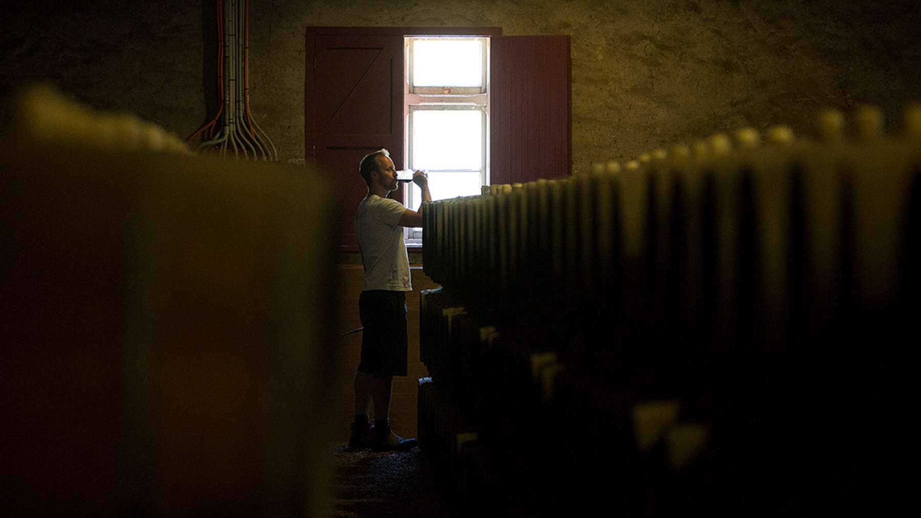 A wine maker taste testing wine from a barrel in the barrel cellar