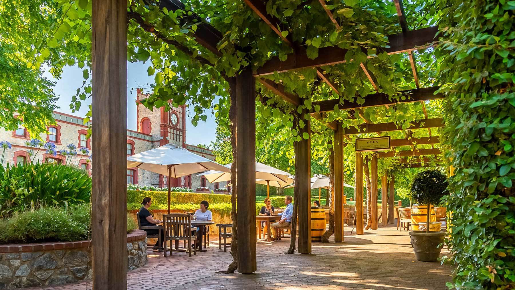 A view of the front of the Wine Room at Yalumba on a sunny day.