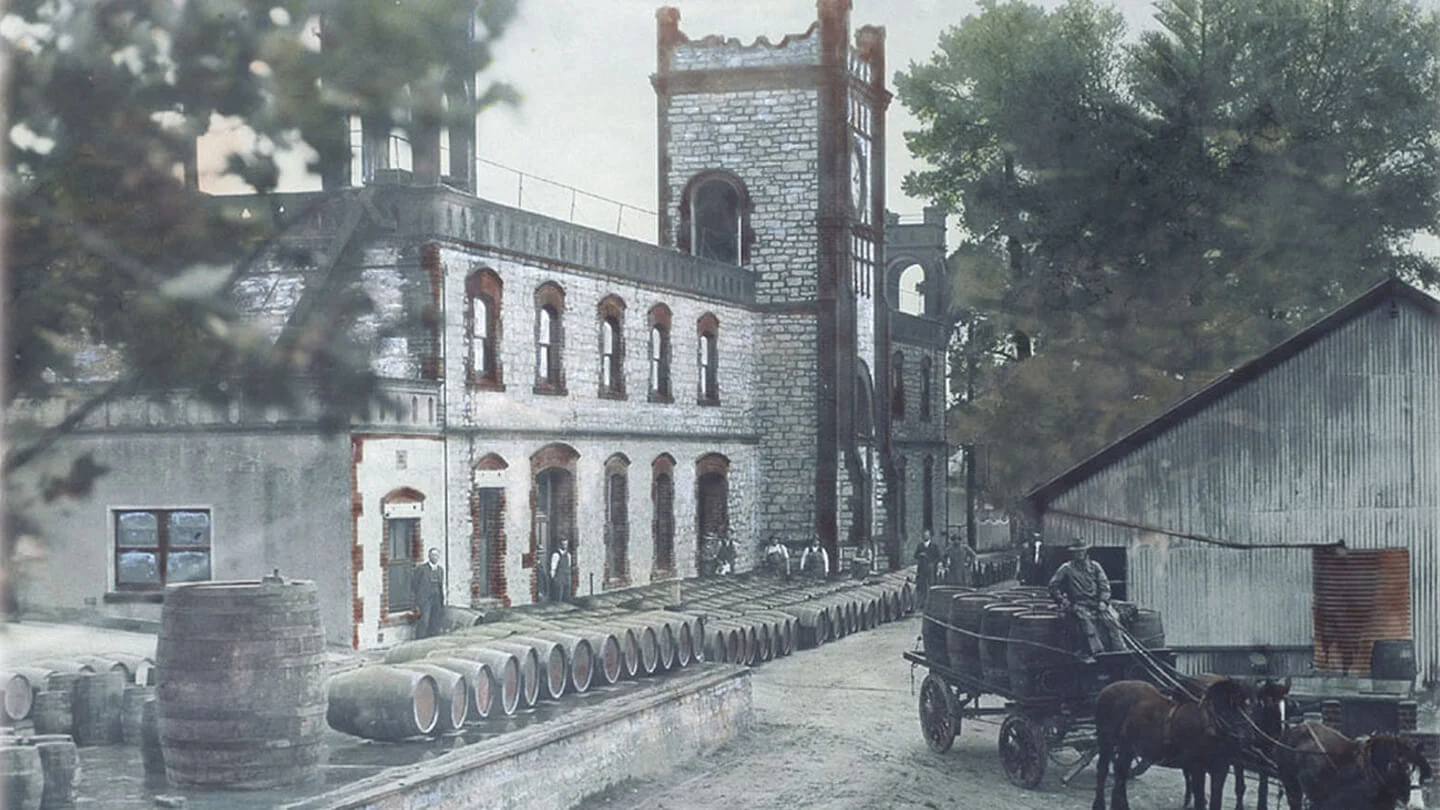 An old image of Yalumba way back when barrels were transported by horse and cart