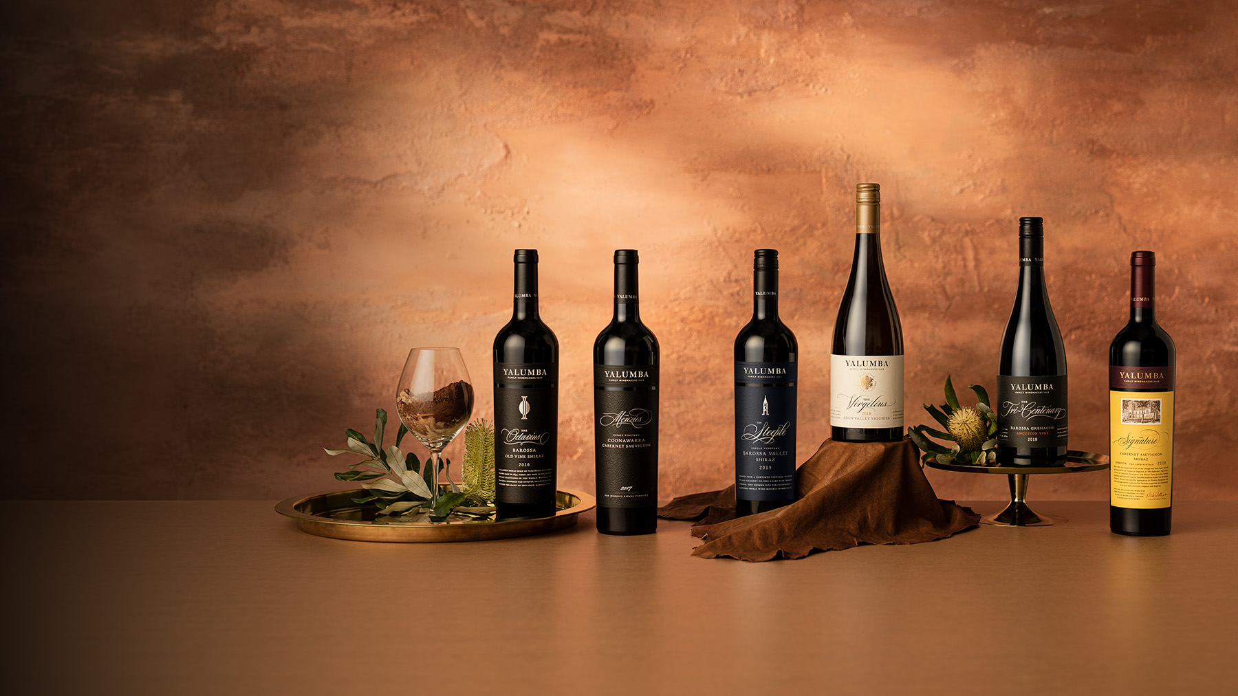 a lineup of the Rare and Fine Collection by yalumba, featuring the signature, the octavius, the menzies, the steeple, the tri-centenary and the Virgillius.
