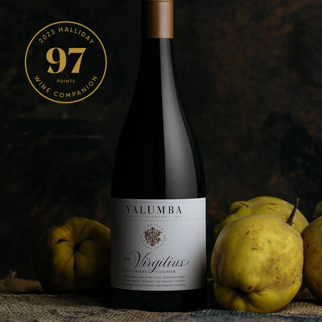 The Virgilius Viognier bottle with fresh quinces and Halliday 97 points award