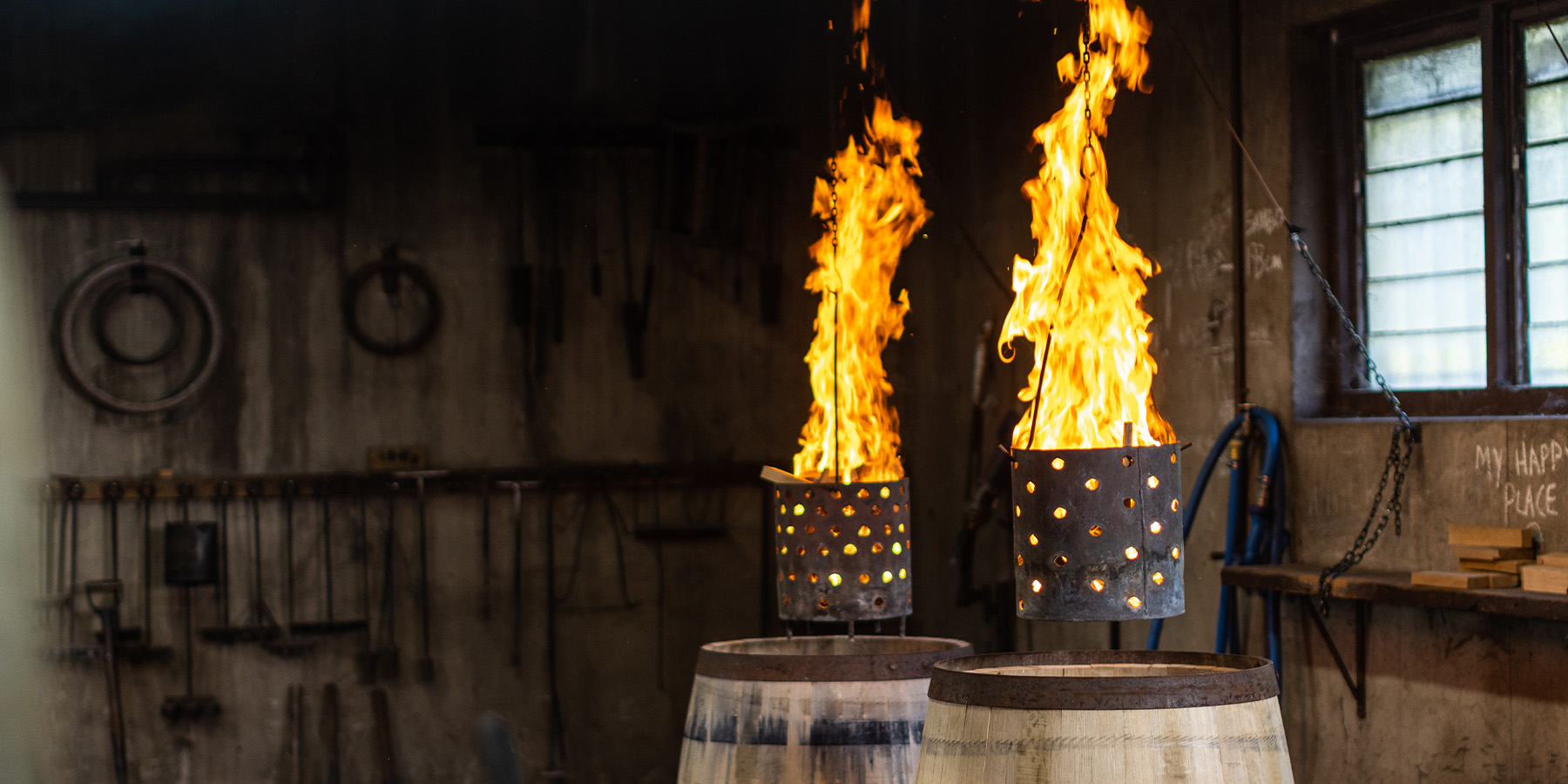 An image of dramatic flames as they appear as part of the coopering process.