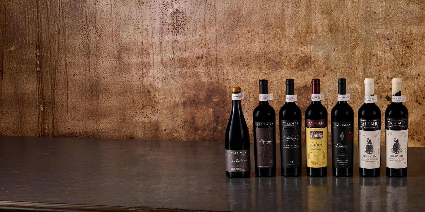 a range of the wines available in our 2025 museum release, including the signature 2010, signature 2015, menzies 2021, menzies 2015, the caley 2013, the caley, 2015 and the tri centenary 2015
