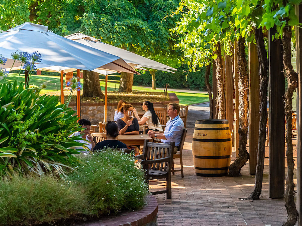 An outside view of the Wine Room at Yalumba on a sunny day, with people drinking wine together